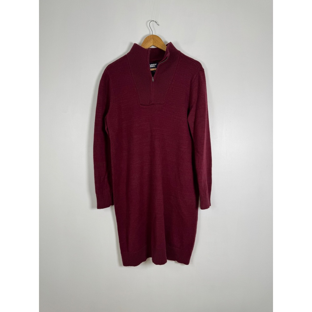 Classic Lands End Womens L 14-16 Sweater Dress Burgundy Quarter Zip Cotton Blend